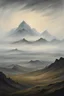 Placeholder: Iceland landscape painting in the style of CASPAR DAVID FRIEDRICH, fog, mountains