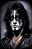 Placeholder: 30-year-old Peter Criss (Drummer) with shoulder length, wavy, straight black and gray hair, with his face made up to look like a cat's face - in the art style of Boris Vallejo, Frank Frazetta, Julie bell, Caravaggio, Rembrandt, Michelangelo, Picasso, Gilbert Stuart, Gerald Brom, Thomas Kinkade, Neal Adams, Jim Lee, Sanjulian, Thomas Kinkade, Jim Lee, Alex Ross,