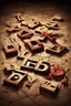 Placeholder: Vintage toy Letter Blocks on ground line up to spell "DEAD", creepy playroom dim reddish light, spiderwebs, opulent shadows concealing sinister figures, sinister, eerie lighting, digital art, hyperrealism,