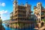 Placeholder: medieval buildings with balconies overhanging lake edge with blue sky and people, photorealism, fantastical, intricate detail, splash screen, concept art