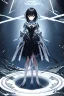 Placeholder: Anime girl with short black hair and sharp green eyes, holding a pike, full body black and white metal plate armour, full body shot, Dramatic lighting,1woman, soaked in blood, standing pose, close shot, lean body,