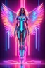 Placeholder: Beautiful Angel woman with fullbody robotic colorsfull glowing neon,light shining neons colorfull background