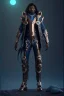 Placeholder: full body portrait, male dark elf, dark skin, long white hair, haunting blue eyes, and wearing a golden steampunk exoskeleton powered by gears, in high fantasy style