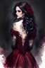 Placeholder: watercolor gothic girl of the Victorian era, white skin, beautiful wavy long black hair, burgundy Victorian dress with an open back, tattoos on the back, Trending on Artstation, {creative commons}, fanart, AIart, {Woolitize}, by Charlie Bowater, Illustration, Color Grading, Filmic, Nikon D750, Brenizer Method, Side-View, Perspective, Depth of Field, Field of View, F/2.8, Lens Flare, Tonal Colors, 8K, Full-HD, ProPhoto RGB, Perfectionism, Rim Lighting, Natural Lighting, Soft Lighting, Accent Ligh