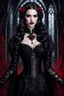 Placeholder: A captivating, high-resolution image of a stunningly elegant vampire woman exuding both beauty and danger. Dressed in exquisite black gothic clothing adorned with intricate details and black lace, on her dress red blood stains adding a dramatic effect. Her pale skin contrasts sharply with her dark attire, and her long, dark hair cascades down her shoulders. Holding a glass of red wine, she radiates an air of mystery. The background is dark and enigmatic, with soft, realistic lighting casting sha