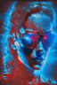 Placeholder: Photo of a half broken female Terminator, with dark sun glasses, bright red eye, Hollywood movie poster style, atmospheric blue light night time, high contrast dark moody lighting, full body shot