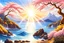 Placeholder: magnificent sun, a peaceful sea with rays of shining sun above the waves white or gold or blue light effects colors, flowering trees, spiritual sun with sun’s rays, waterfalls in the background, white or pink or blue mountains, realistic, very detailed, high contrast, 8k, high definition, realistic, concept art, sharp focus