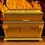 Placeholder: golden sarcophagus with fire on the inside, in a dungeon