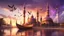 Placeholder: Hyper Realistic Orange & Purple Mosque with Brown Minarets riverside with a wooden-boat at beautiful cloudy sunset & Rainbow with birds flying showing dramatic & cinematic ambiance