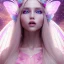 Placeholder: beautiful, soft, big smile face, whole head, long straight blonde hair blues eyes, crown on the head, clothing in transparent bluish and pink veil,fairy wings on the back, background brillante bluish and pink, hight definition, 8K