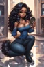 Placeholder: Create a futurism magna art of a black chibi curvy female sitting on the floor looking at herself in a hand mirror. She is wearing tight blue jeans and a black off the shoulder blouse. Prominent make up with lush lashes. Highly detailed long wavy hair. She is also wearing silver large hoop earringsart of a black chibi curvy female sitting on the floor looking at her cell phone. She is wearing tight blue jeans and a black off the shoulder blouse. Prominent make up with lush lashes.