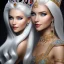 Placeholder: Ice Princess with white hair smilling, a crown with precious stones, bright background