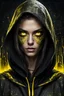 Placeholder: shiny yellow cat eyes woman, wearing dark hoodie, very detailed, sharp focus, random background, dark fantasy, stunning