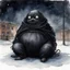 Placeholder: Dramatic watercolor and ink illustration, gigantic puffy fat inflated black trash bag creature sitting in an empty school playground at night in the snow caught in the ambient streetlight, Lovecraftian trash bag creature with pouting confused look on face, sinister whimsey, oddball masterpiece, sfumato, Gallows humor, complex contrast, dynamic composition, by zdzislaw beksinski