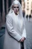 Placeholder: a woman white hair luxury stlye in a street