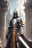 Placeholder: photorealistic holy knight paladin wearing a cape wielding a greatsword temple in the background face ravealed