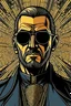 Placeholder: strange priest wearing sunglasses who looks like Hans Gruber with a judgmental look on his face comic book style