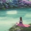 Placeholder: Girl sitting by the river, green landscape with bioluminescent trees, high quality, intricate detail, sharp focus, theme park, romantic, at dusk, light dust, makoto shinkai, studio ghibli