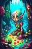 Placeholder: ((cute slimes)), ultra detailed illustration of a beautiful adult female elf, she is playing in a dungeon with ((slimes)), ((colorful slimes)), joy, art by MSchiffer, dark brown eyes, brunette, blushed, fangs, unzoom