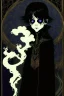 Placeholder: 7 year old boy, necromancer, friendly, looks dead, surrounded by weird smoke with eyes, wearing black robes, in the style of Harry Clarke