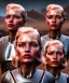 Placeholder: Ultra Realistic retro sci-fi movie scene, 1960 year, waist up view portrait, 3 clones blonde women, sweet young Kate moss face, perfect iris, glow eyes, face makeup. Mars and martians background, Retro sci-fi style, helmet, tight latex coat, fog, rain, soft color, highly detailed, unreal engine 5, ray tracing, RTX, lumen lighting, ultra detail, volumetric lighting, 3d, finely drawn, high definition, high resolution.