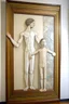 Placeholder: Mother holds her son , cubism a tall slender woman is standing in front of a large white picture frame displayed on the wall of an art gallery. The frame is traditional in style but looks like and has the texture of white clay. Her arms are outstretched like da vinci’s vetruvian man, and the length of her arms and body corresponds to the width of the picture frame. Her feet are perched on a surreal small shadow rock and it looks like she is floating above calm water. The picture is without canva