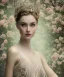 Placeholder: vintage photo of beautiful, stunning ballerina with white feather crown wrapped around head, glittery bodice, close-up half-body portrait, sepia, background of flowers, gauzy white curtains, candles, dreamlike, sepia photography, centered, 8k resolution, high-quality, fine-detail, intricate, detailed matte, volumetric lighting, photo-realistic, candles, translucent gown, illustration, 3D octane render, brian froud, howard lyon, selina french, anna dittmann, annie stokes, lisa parker, greg rutows