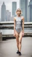 Placeholder: beautiful anorexic asian female, total shot, matte silver triathlon swimsuit, short blond wavy bob hair, blurred city background