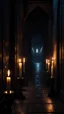 Placeholder: A dark corridor of a gloomy sanctuary, on the sides of which there are many candles, slightly illuminating the corridor itself, in the distance a mysterious entrance to the room can be seen