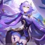 Placeholder: Clear focus,High resolution,Beatiful Lighting, purple long fluffy hair, long fluffy bangs, green eyes, custom genshin oc, must be wearing a short skirt, genshin impact name card, color pallete purple (XII)-cyber grape-rose vale