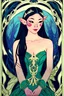 Placeholder: Art Nouveau art style A beautiful as a model asian woodland elf princess who looks like a young Lucy Liu seated on a throne in a mystical forest