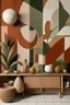 Placeholder: Create handpainted wall mural inspired by Cubist still life, showcasing everyday objects in geometric forms. Use warm earthy tones such as terracotta, sage green, and sandy beige for a cozy and inviting atmosphere.