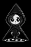 Placeholder: chibi skeleton in a black hooded cloak drawn in a retro mascot cartoon style, inside a light diamond shape on a black background, monochromatic