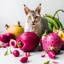 Placeholder: A cat surrounded by dragon fruits on a light background for removal