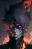 Placeholder: Anime with wight hair and black clothes and power fire and eyes of sharengan and cool face and blood in face