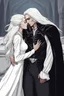 Placeholder: Strahd Von Zarovich being kissed by a beautiful woman with white hair, wearing an off the shoulder dress. Settling and background are a lavish toomb with an ebony coffin.