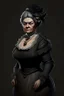 Placeholder: warm but stern aunty victorian era, posh british accent influenced, high born facial features dnd character on a solid black background, full body image, high quality realistic.