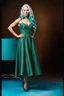 Placeholder: full body of very beautiful ukrain lady wearing green_blue pretty midi flared dress ,white gray hair ,standing idle pose in studio