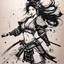 Placeholder: Full"female samurai dancer body line , illustrate alchohol ink on wet paper."maybe add some neon smoky, looks feeling mistress, and there are some lions, tigers around her