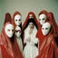 Placeholder: no face A fashion photography of a group wearing traditional Middle Eastern , no face in a white studio with a red scarf around the head and a long skirt, posing for Vogue magazine in the style of James Bidgood photographed in the style of Tim Walker. --ar 101:128 --v 6. 0