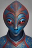 Placeholder: An image of an alien in blue-skinned creature with a unique and intricate design on its head. It has a large head with a prominent forehead, and its red eyes are wide open, giving it a captivating appearance. The alien's head is adorned with a decorative design, which adds to its distinctive and otherworldly look. The overall appearance of the alien suggests that it might be a character from a science fiction or fantasy story.