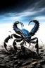 Placeholder: Black emperor Scorpio emblem on a burning landscape background With its Tail curled up behind his back ready to strike and from claws grasping under a storming sky with blue lightening striking around it