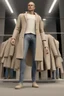 Placeholder: mannequins wearing Superman's design coat vest and jeans, beige tones, unreal engine, dutch angle view, minimalist, fashion plates –ar 3:5 –q 2