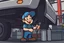 Placeholder: retro cartoon mascot of a vehicle mechanic, under a vehicle doing an oil change