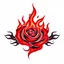 Placeholder: a fire with dark embers and the flames spiral outward like petals to make the shape of a rose flower(red) , black and red tattoo on white background