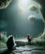 Placeholder: Realistic room scene. sweet big furry monster sitting. girl from behind. Steven Spielberg style. Red hair, smile, happy, gradient color fog. highly detailed, concept art, unreal engine 5, ray tracing, RTX, lumen lighting, ultra detail, volumetric lighting, 3d, finely drawn, high definition, high resolution.