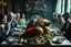 Placeholder: Christmas dinner table with extended family in sitting politely around table with a large oozing roasted turkey on a platter with a baby xenomorph bursting from out of the turkey, visceral, unsettling, by Joel-Peter Witkin and Laurie Lipton, color photograph, weirdcore, sharp focus, dynamic lighting, 8K resolution