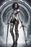 Placeholder: full body picture of a skinny woman with a bob, in futuristic silver armour, holding a curved sword, steampunk background