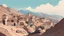 Placeholder: Old Town mountain. Far away. View Sky. Ottoman. 1900 AD. Vector. cartoon. animated. Kurdistan, color. Digital painting. minimal, from the side behind