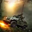 Placeholder: vietnam war. war report. jeep in jungle. poster. bokeh. lens flare. warm lights. high detailed